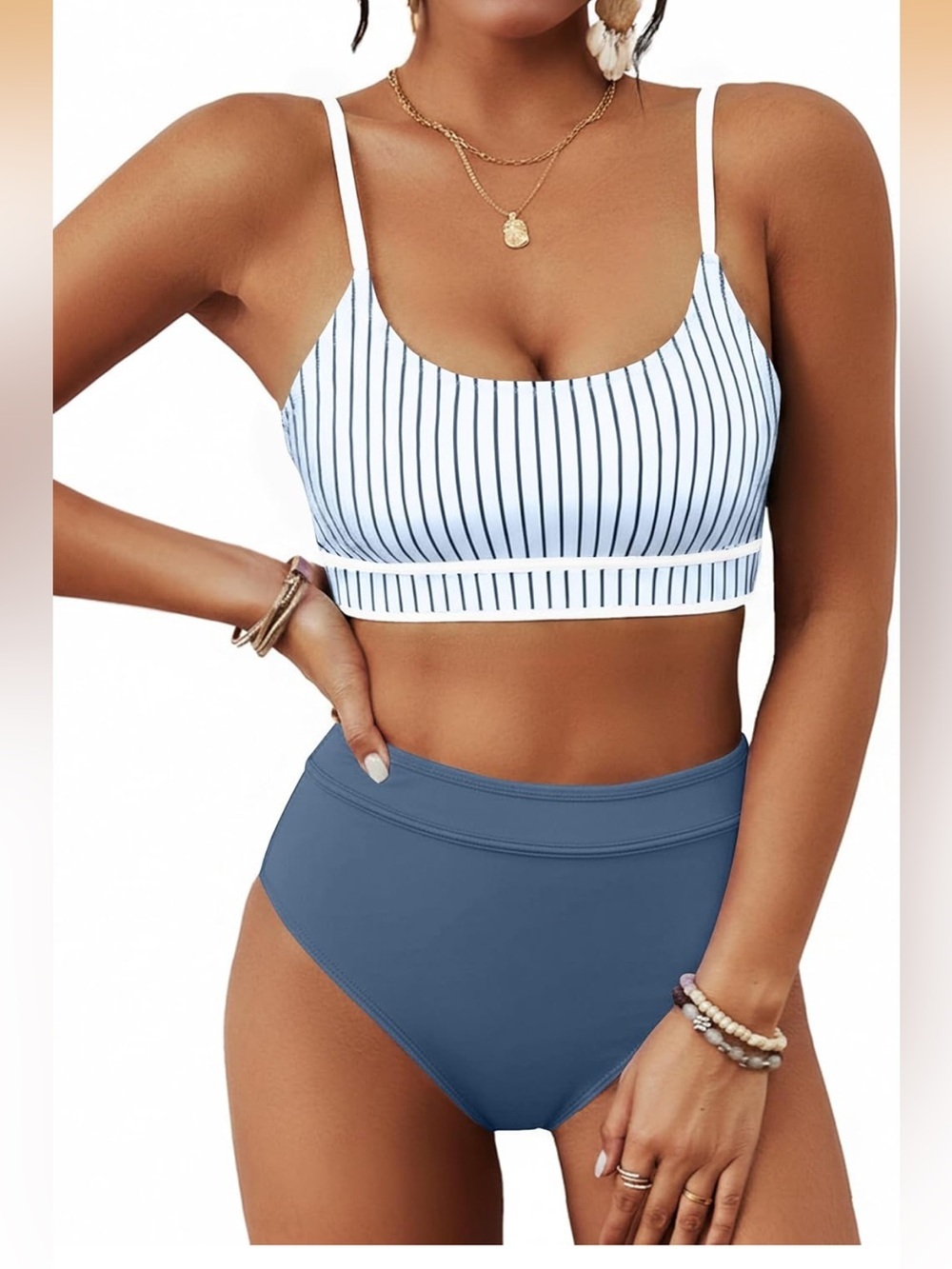 High Waisted Bikini Ribbed Two Piece Adjustable Straps Bathing Suit 1200/11-3